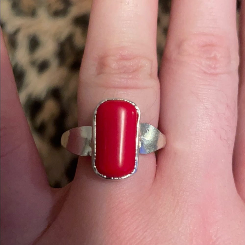 Red Coral Gemstone Ring Imported Size 7 sterling